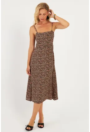 Kadın Siyah Sırtı Gipeli Desenli Midi Elbise MP427