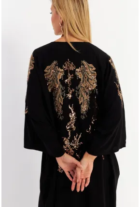 Kadın Siyah Sırtı Nakışlı Düğmeli Maxi Elbise MALO16