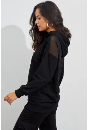 Kadın Siyah Sırtı Tül Kapüşonlu Sweatshirt EY1523