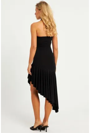 Kadın Siyah Straplez Asimetrik Midi Elbise DMR337