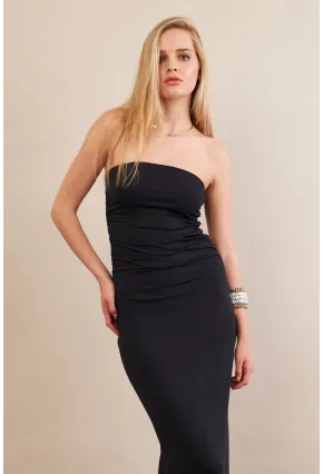 Kadın Siyah Straplez Büzgülü Midi Elbise MX2005