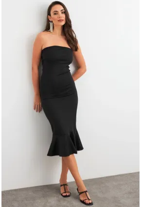 Kadın Siyah Straplez Midi Elbise XC8008