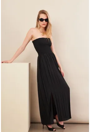 Kadın Siyah Straplez Yaka Midi Elbise MSİ100