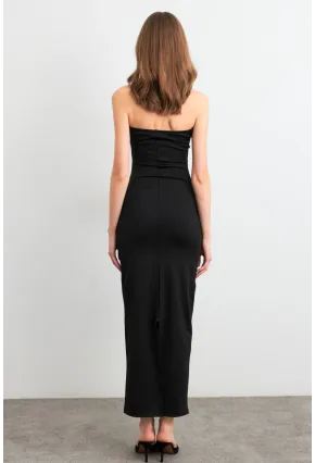 Kadın Siyah Straplez Yırtmaçlı Midi Elbise XC005