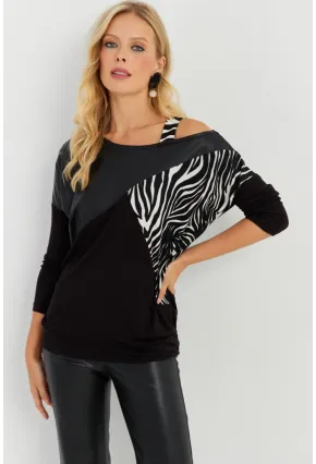 Kadın Siyah Suni Deri Bloklu Bluz ST828