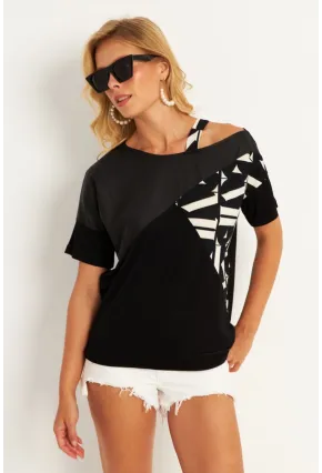 Kadın Siyah Suni Deri Bloklu Bluz ST837