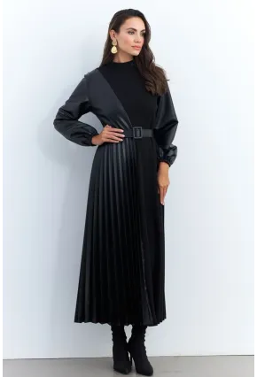 Kadın Siyah Suni Deri Bloklu Pilili Maxi Elbise MALZ100