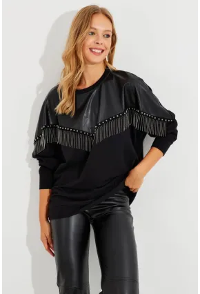 Kadın Siyah Suni Deri Bloklu Sweatshirt PKA806