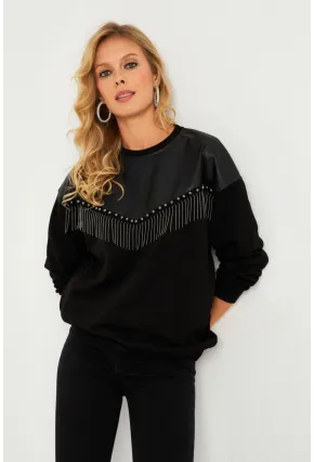 Kadın Siyah Suni Deri Bloklu Sweatshirt PKA808