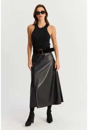 Kadın Siyah Suni Deri Çan Etek ELA113