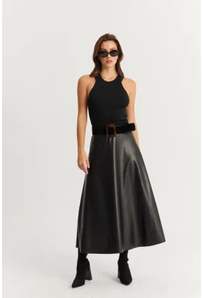 Kadın Siyah Suni Deri Çan Etek ELA113