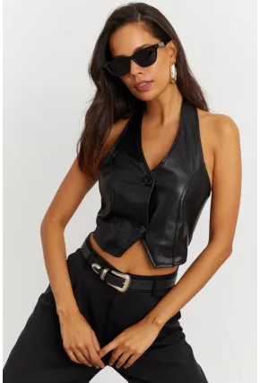 Kadın Siyah Suni Deri Crop Yelek NH41