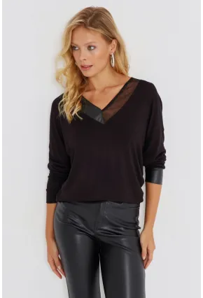 Kadın Siyah Suni Deri Detaylı Salaş Bluz ST827