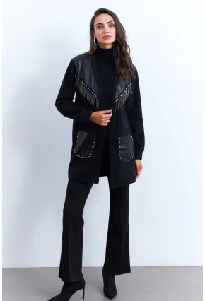 Kadın Siyah Suni Deri Detaylı Zımbalı Hırka MPK809