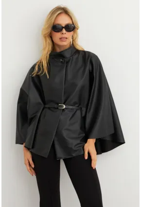 Kadın Siyah Suni Deri Kemerli Panço ELA3084-90