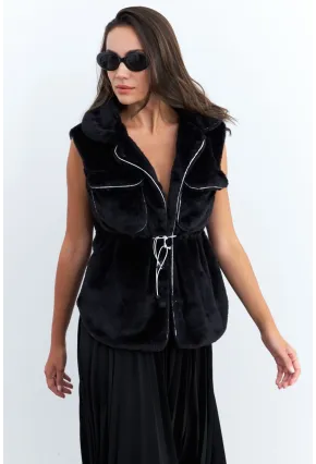 Kadın Siyah Suni Kürk Cepli Yelek MK66