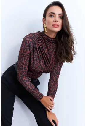 Kadın Siyah-Taba Desenli Büzgülü Bluz LPP1279