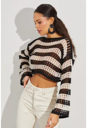 Kadın Siyah-Taş Ajurlu Crop Triko Bluz YV137