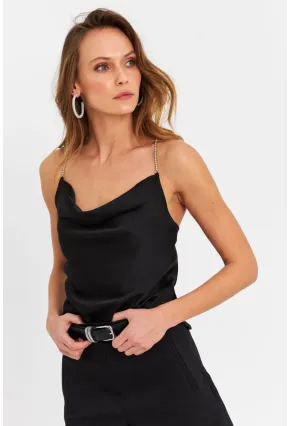 Kadın Siyah Taş Askılı Bluz ELT1056