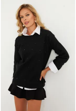 Kadın Siyah Taşlı Bluz YLE41