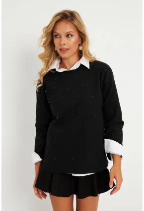 Kadın Siyah Taşlı Bluz YLE41