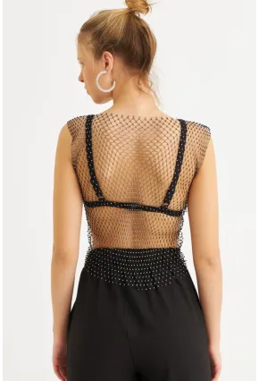 Kadın Siyah Taşlı File Bluz YEL221465