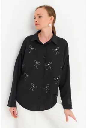 Kadın Siyah Taşlı Gömlek MZER426