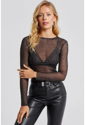 Kadın Siyah Taşlı Tül Bluz LPP1249