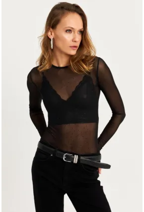 Kadın Siyah Taşlı Tül Body KED2116