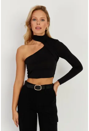 Kadın Siyah Tek Omuz Açık Bluz CY334