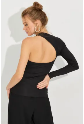Kadın Siyah Tek Omuz Bluz EY2588