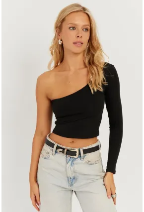 Kadın Siyah Tek Omuz Crop Bluz CY445