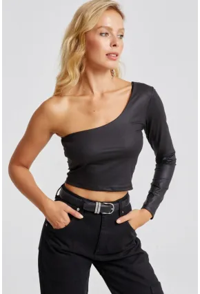 Kadın Siyah Tek Omuz Suni Deri Crop Bluz CY442