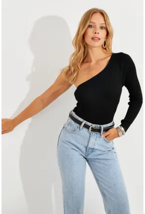 Kadın Siyah Tek Omuz Triko Bluz YV204