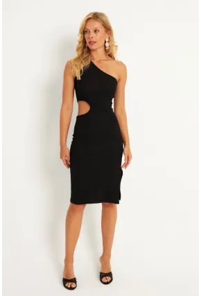 Kadın Siyah Tek Omuz Yanı Açık Mini Elbise XL2013
