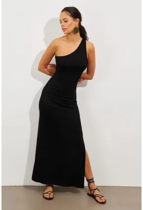 Kadın Siyah Tek Omuz Yırtmaçlı Maxi Elbise EY2498