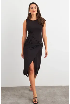 Kadın Siyah Toka Aksesuarlı Yırtmaçlı Midi Elbise EY3023