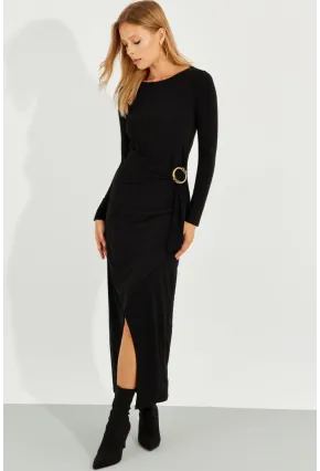 Kadın Siyah Tokalı Anvelop Maxi Elbise BK272020