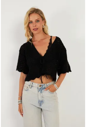 Kadın Siyah Triko Ajurlu Hırka YV255