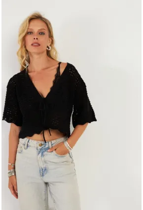 Kadın Siyah Triko Ajurlu Hırka YV255