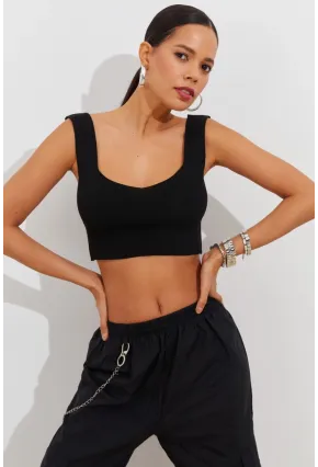 Kadın Siyah Triko Crop Atlet YV118