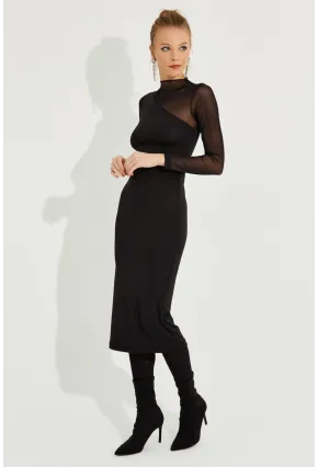 Kadın Siyah Tül Detaylı Asimetrik Midi Elbise MEY2601