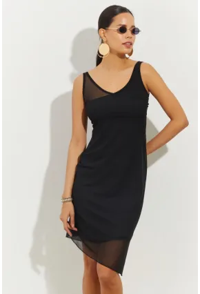 Kadın Siyah Tül Detaylı Asimetrik Mini Elbise B2475