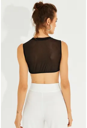 Kadın Siyah Tül Detaylı Crop Bluz YEL221241