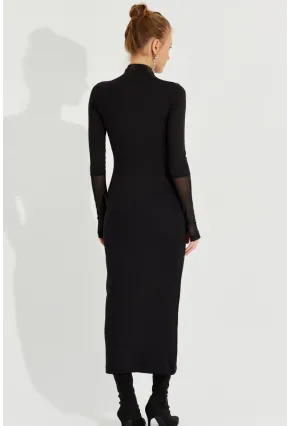 Kadın Siyah Tül Detaylı Eldivenli Midi Elbise EY2600