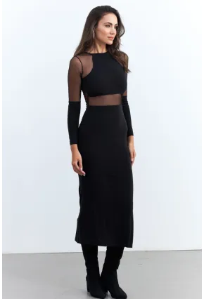 Kadın Siyah Tül Detaylı Midi Elbise ELT3834