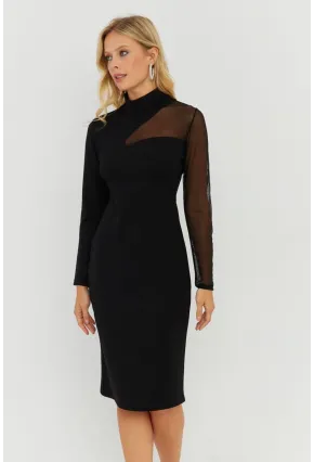 Kadın Siyah Tül Detaylı Midi Elbise ST5022
