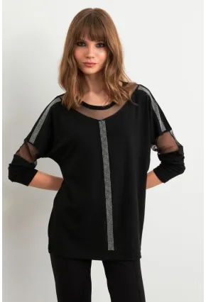Kadın Siyah Tül Detaylı Taşlı Bluz PRO4050