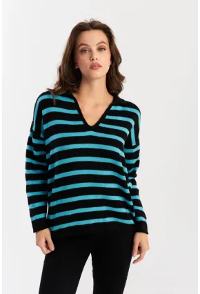 Kadın Siyah-Turkuaz Polo Yaka Çizgili Triko Kazak SE01