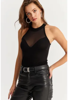 Kadın Siyah Üstü Tül Halter Yaka Bluz EY2922